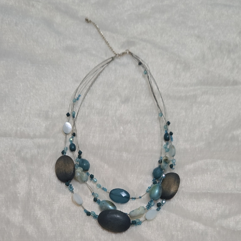 Multi-Strand Wired Blue Bead Statement Necklace - image 1